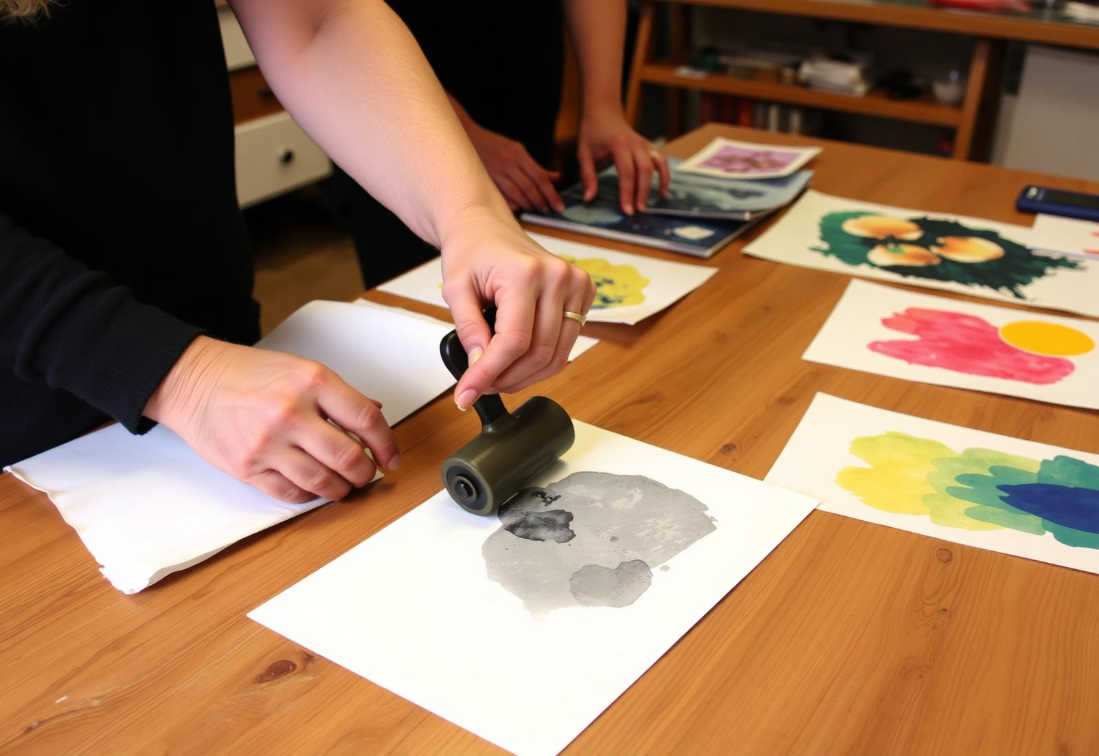 Hands making a monoprint in a studio class
