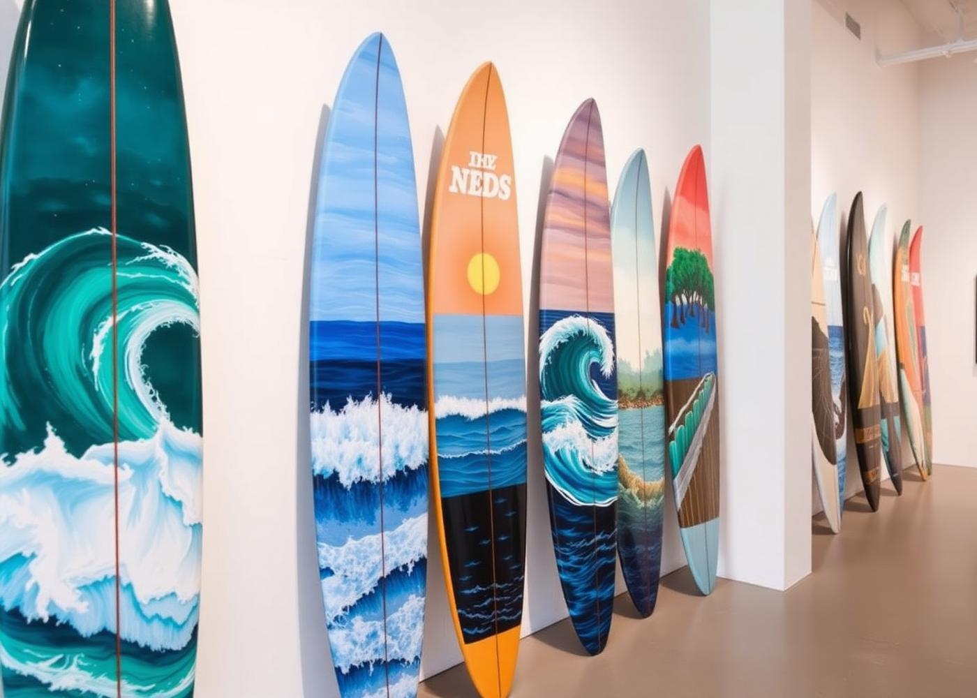 Row of artist-painted surfboards installed in a gallery