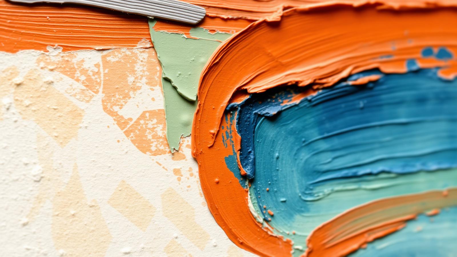 Close-up of layered terracotta, sage and ocean blue paint